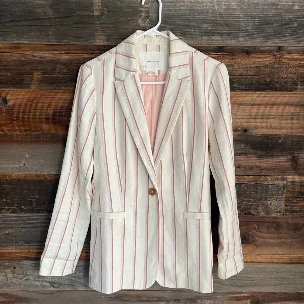 ANTHROPOLOGIE "Edisto" Cream/Pink Pinstripe Linen Blazer Jacket